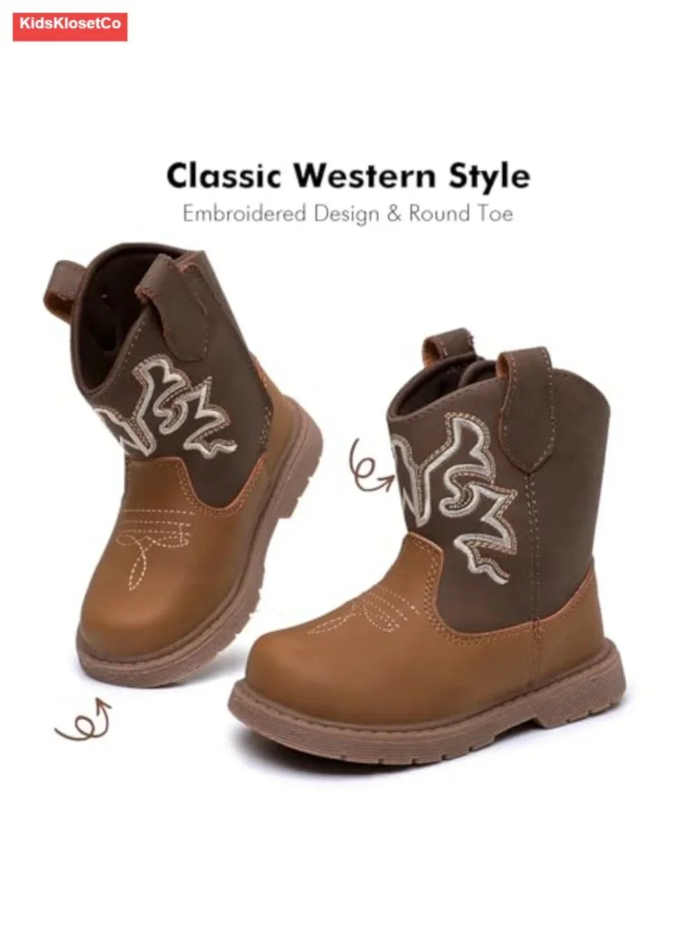 Toddler Cowboy Boots with Hook & Loop Closure, Round Toe, Western Style